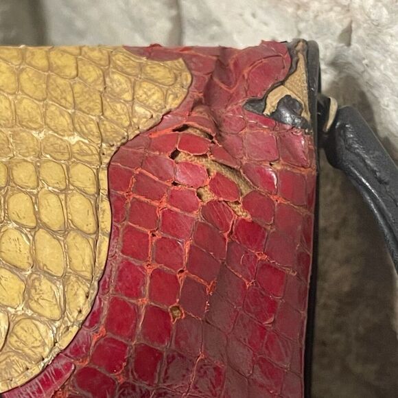 Carlo Fiori Mixed Exotic Leather Fold Over Clutch Shoulder Handbag Purse - Picture 11 of 12